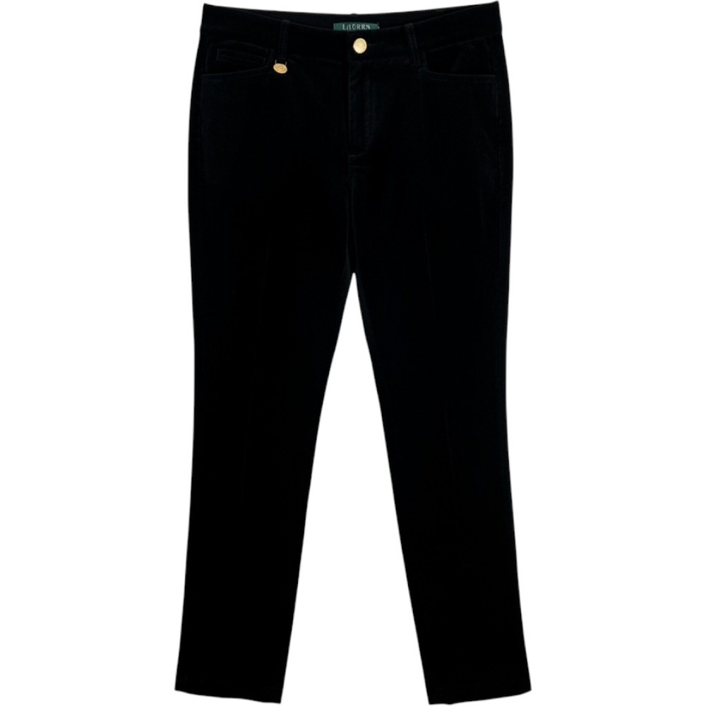 Lauren Ralph Lauren Petite Black Velvet Slim Straight Pants Gold Hardware 2P
